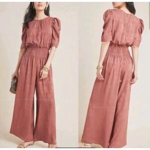 Anthropologie Current Air Castille Wide Leg Jacquard Floral Jumpsuit Sz L Rust
